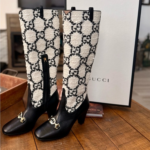 Gucci Shoes - NWT GUCCI Zumi GG Monogram Tweed and Leather Knee-High Boots
